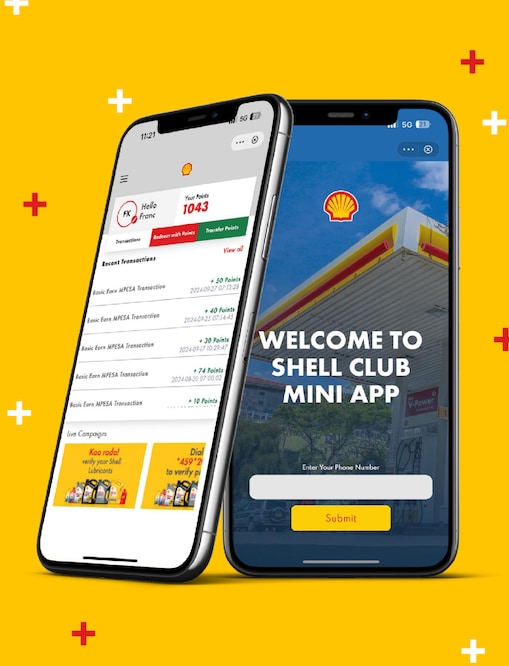 Shell Club Mini App interface displayed on two smartphones, showing loyalty points, recent transactions, and a login screen, set against a vibrant yellow background with Shell pecten