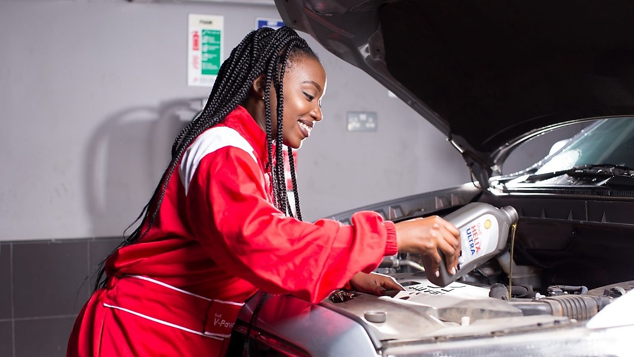 A vehicle service bay in Kenya where Shell lubricants are used for high-performance engine maintenance.