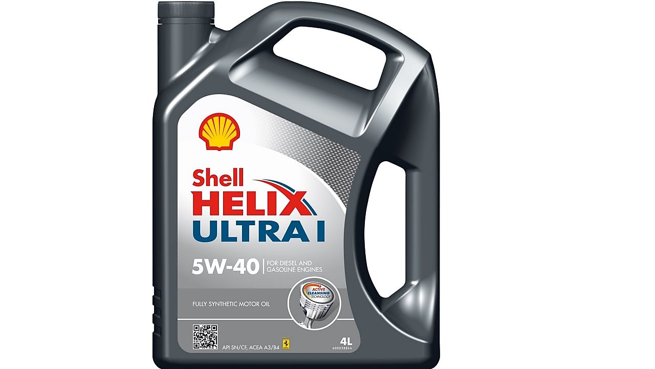 Shell Helix Ultra 5W-40 4-liter motor oil bottle, designed for superior engine protection.