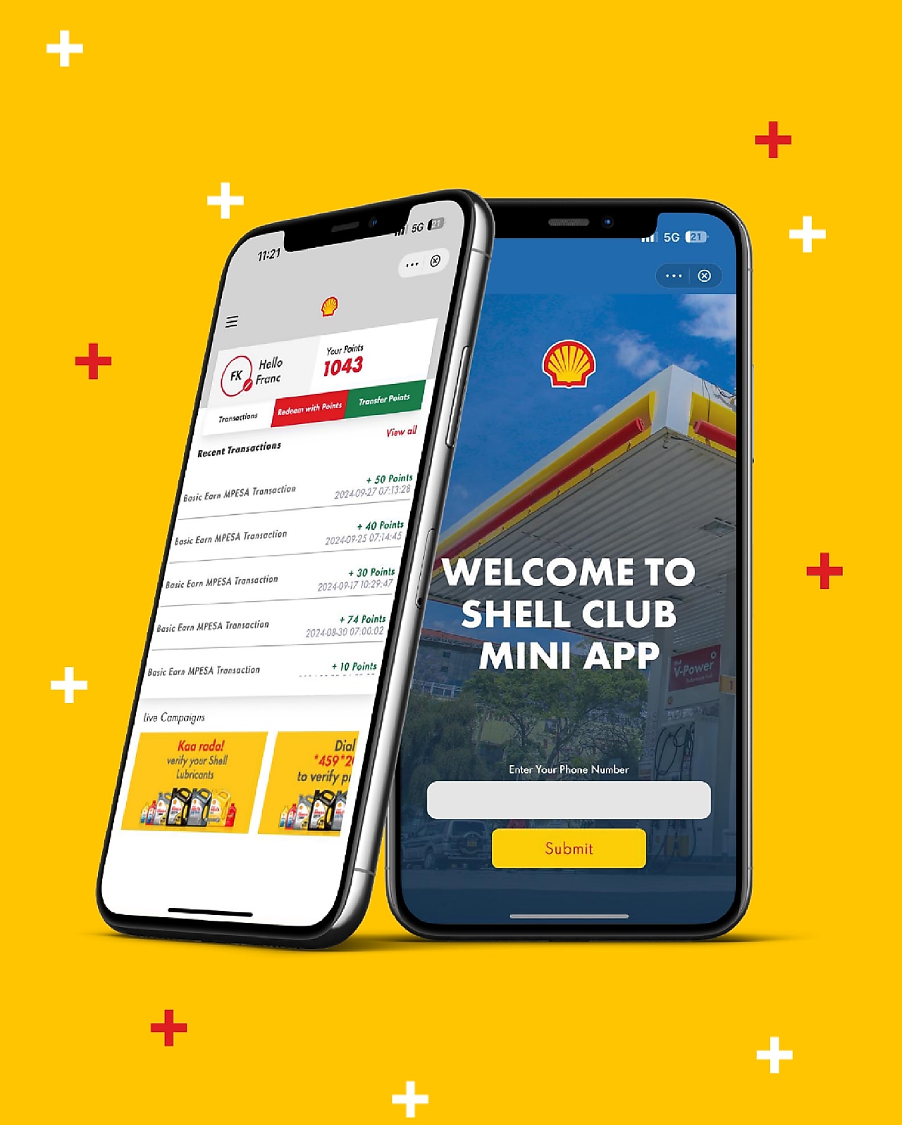 Shell Club Mini App interface displayed on two smartphones, showing loyalty points, recent transactions, and a login screen, set against a vibrant yellow background with Shell pecten